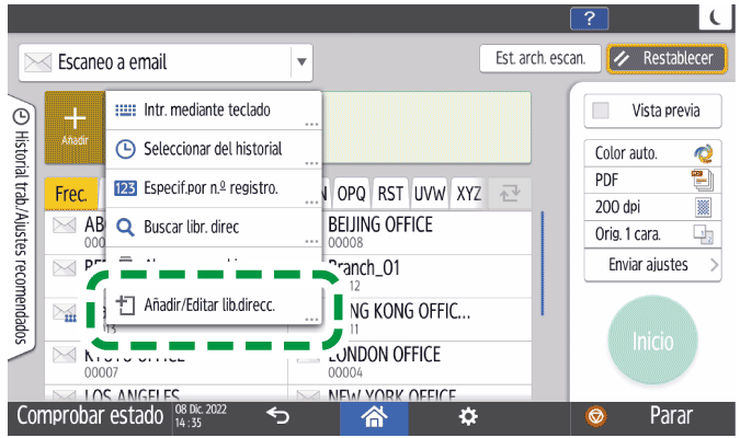 Ilustración de la pantalla del panel de operaciones