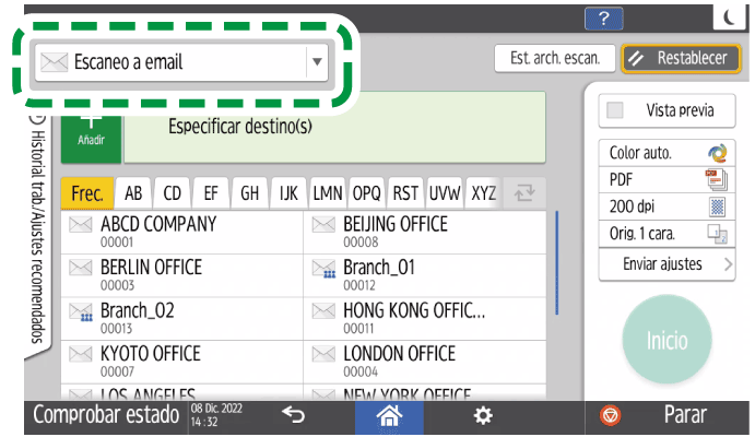 Ilustración de la pantalla del panel de operaciones