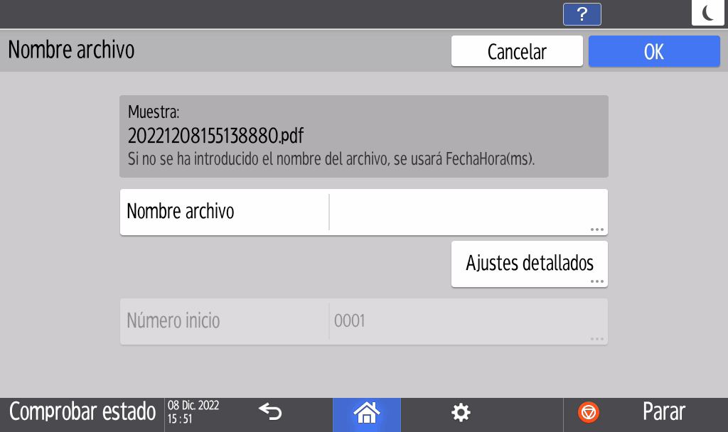 Ilustración de la pantalla del panel de operaciones