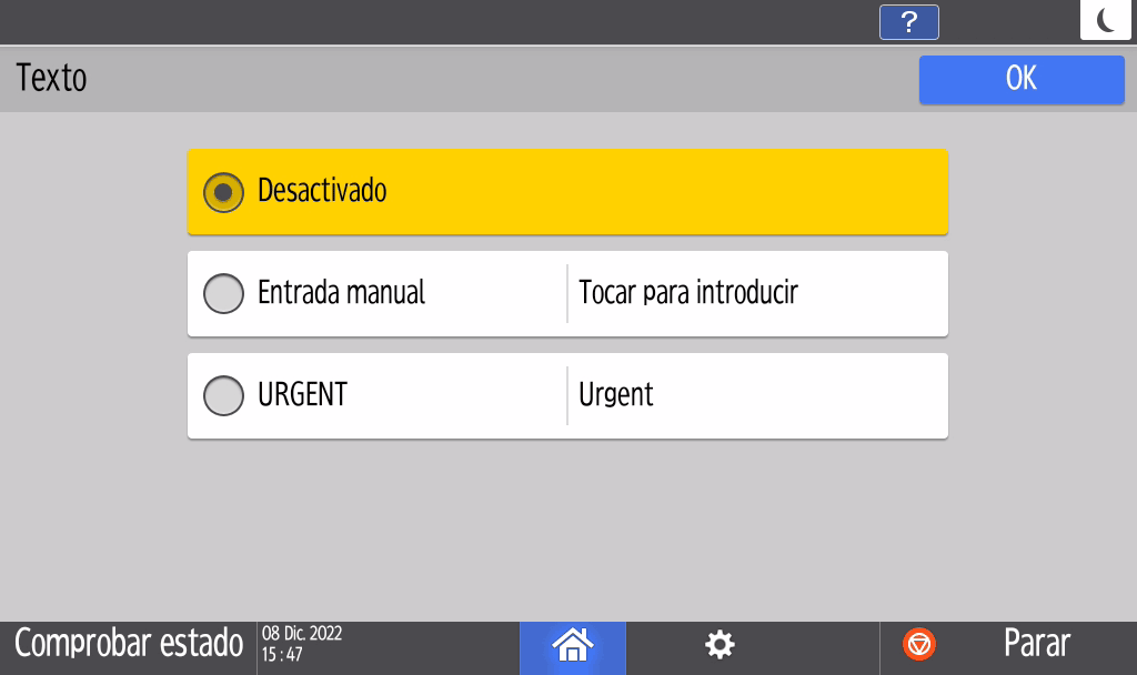 Ilustración de la pantalla del panel de operaciones