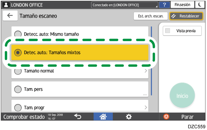 Ilustración de la pantalla del panel de operaciones