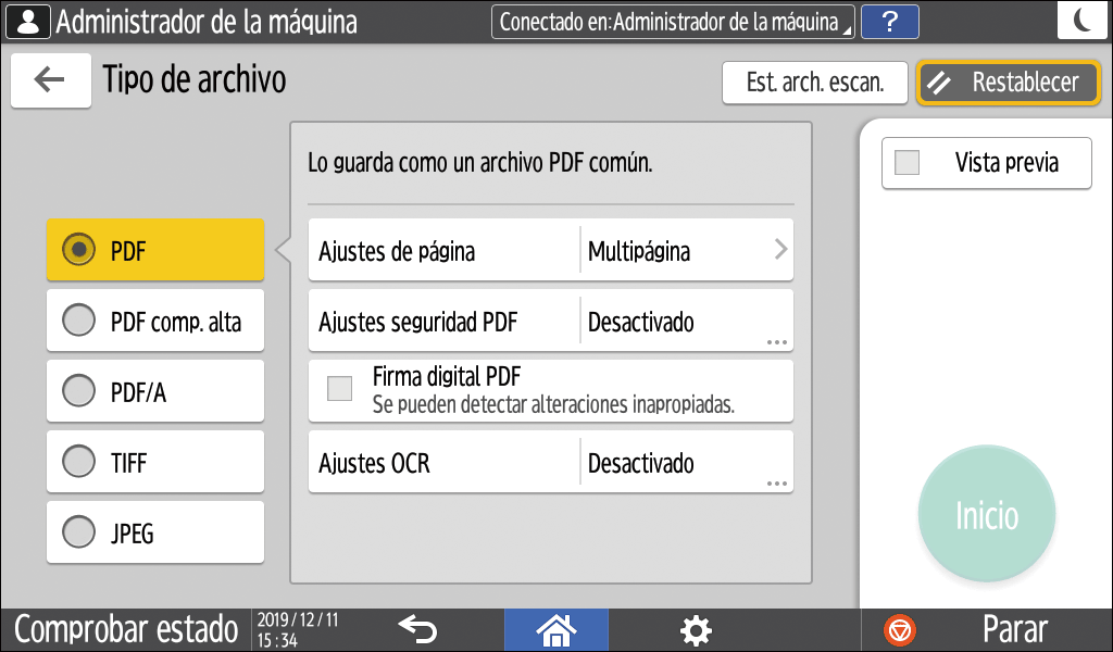 Ilustración de la pantalla del panel de operaciones
