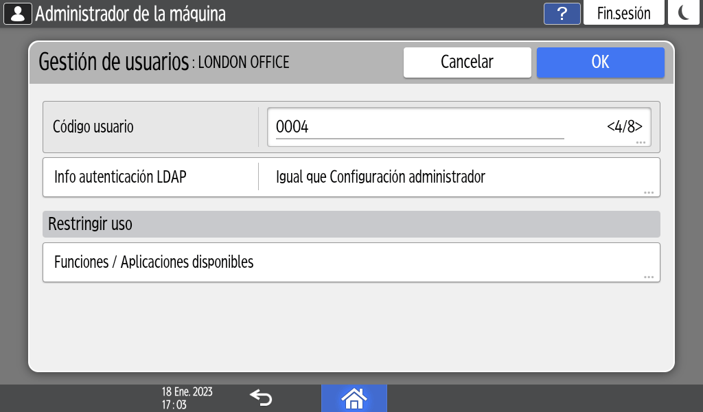 Ilustración de la pantalla del panel de operaciones
