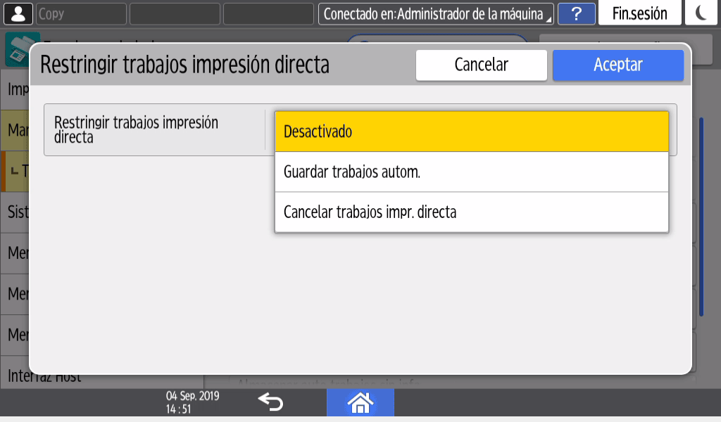 Ilustración de la pantalla del panel de operaciones
