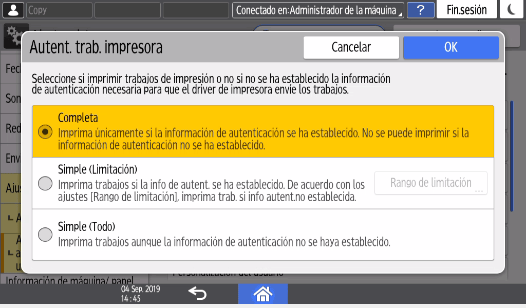Ilustración de la pantalla del panel de operaciones