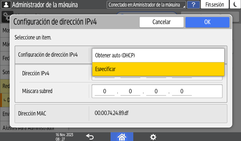 Ilustración de la pantalla del panel de mandos