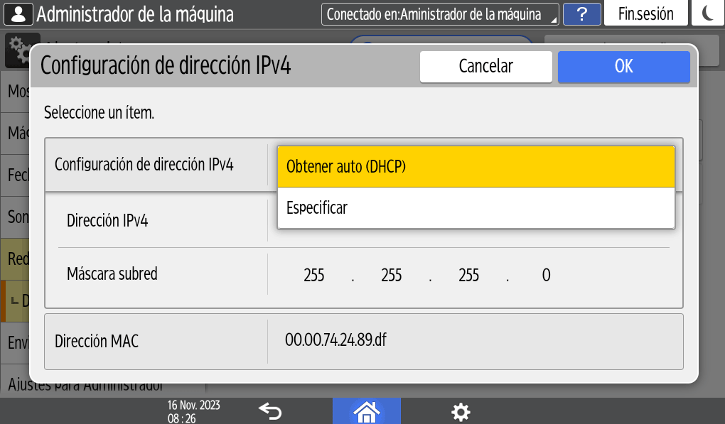 Ilustración de la pantalla del panel de mandos