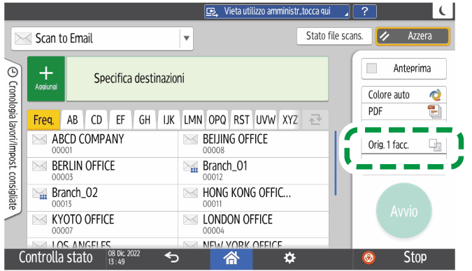 Illustrazione della schermata sul pannello di controllo