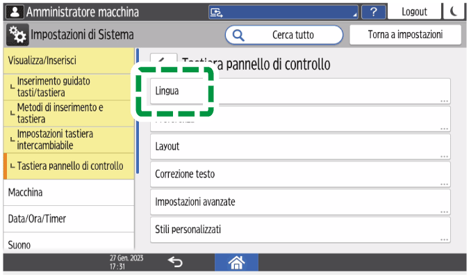 Illustrazione della schermata sul pannello di controllo