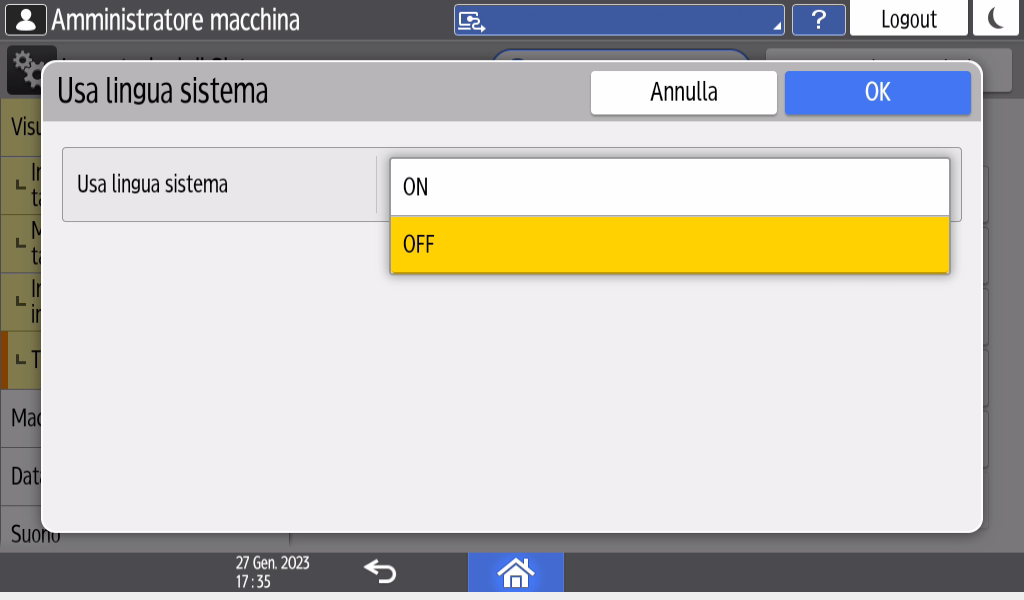 Illustrazione della schermata sul pannello di controllo