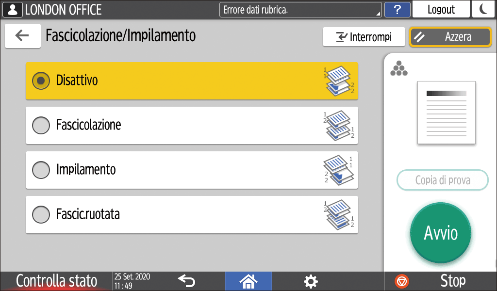 Illustrazione della schermata sul pannello di controllo