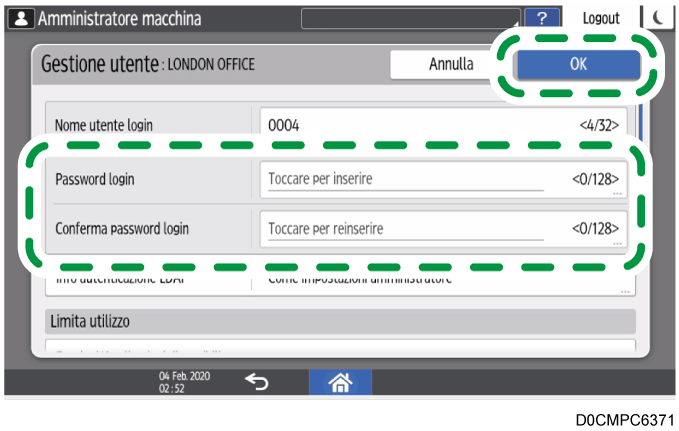 Illustrazione della schermata sul pannello di controllo