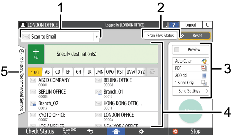 Operation panel screen illustration numbered callout illustration