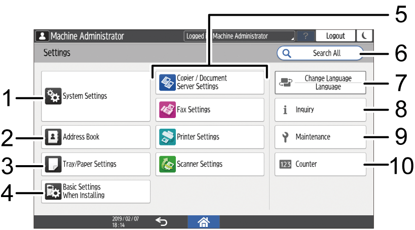 Operation panel screen illustration numbered callout illustration