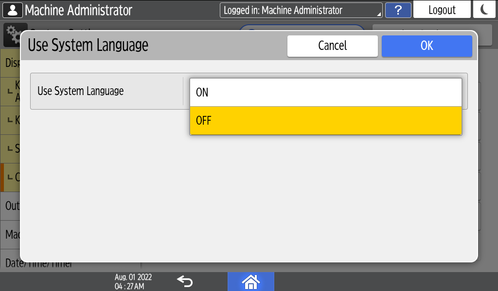 Operation panel screen illustration