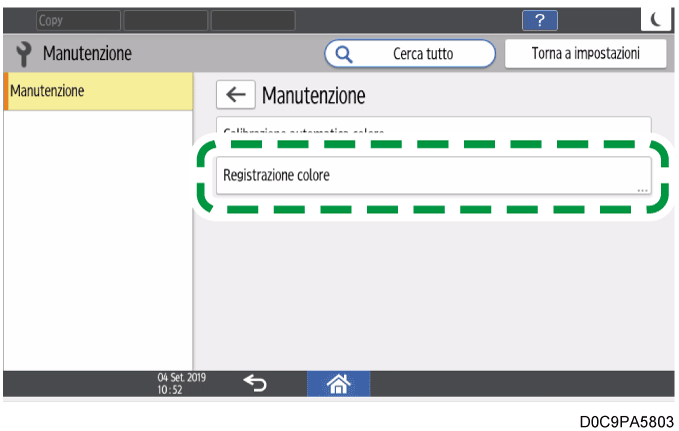 Illustrazione della schermata sul pannello di controllo
