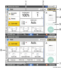 Ilustracja ekranu panela oznaczona numerowanymi odsyłaczami