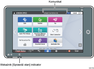 Ilustracja ekranu panela oznaczona numerowanymi odsyłaczami