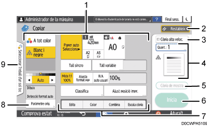 Il·lustració explicativa i numerada de la pantalla del panell d'operacions.