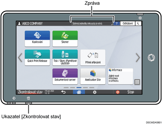 Číslovaná ilustrace ovládacího panelu zařízení