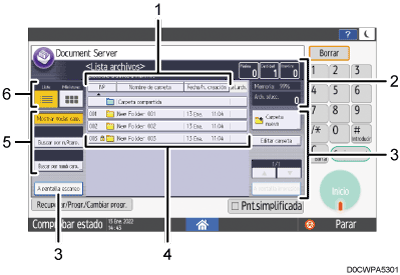 Ilustración con llamadas numeradas de la pantalla del panel de mandos