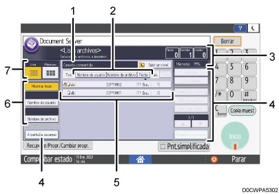 Ilustración con llamadas numeradas de la pantalla del panel de mandos