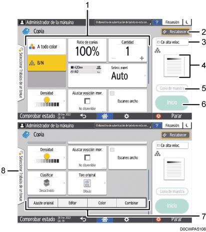 Ilustración con llamadas numeradas de la pantalla del panel de mandos
