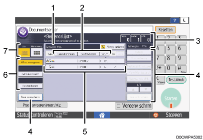 Genummerde afbeelding van het scherm van het bedieningspaneel
