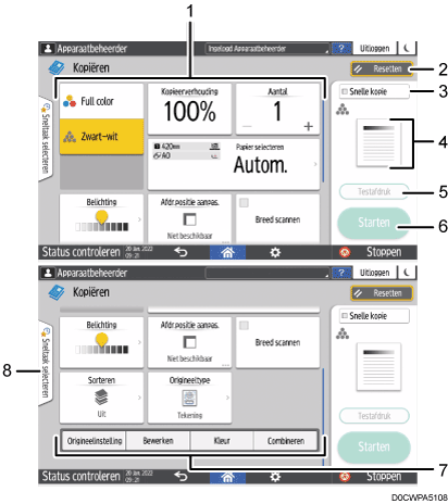 Genummerde afbeelding van het scherm van het bedieningspaneel