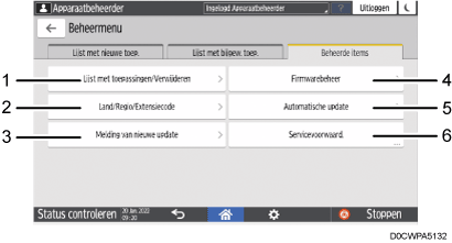 Genummerde afbeelding van het scherm van het bedieningspaneel