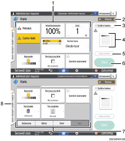 Ilustracja ekranu panela oznaczona numerowanymi odsyłaczami