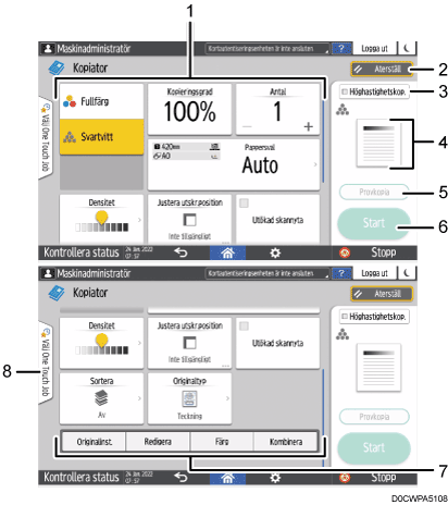 Bild på användarpanelen (numrerade detaljer)