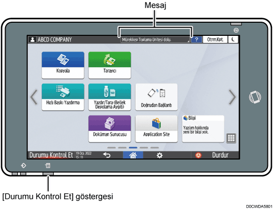 İşletim paneli ekran gösterimi numaralandırılmış açıklamalı görsel