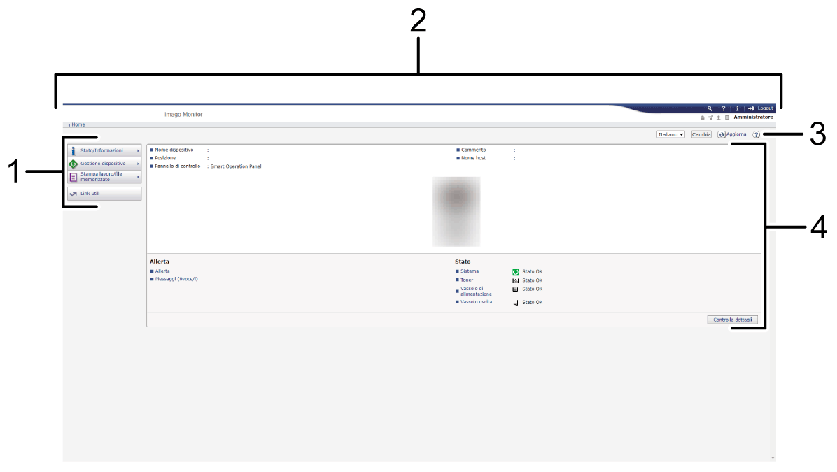 Illustrazione numerata della schermata del browser Web con didascalie numerate