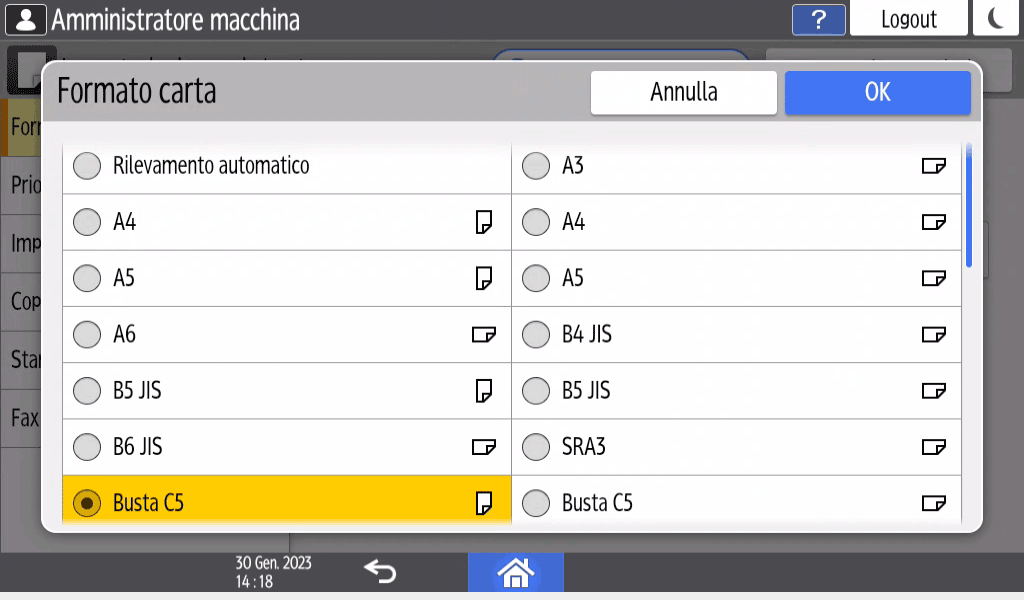 Illustrazione della schermata sul pannello di controllo