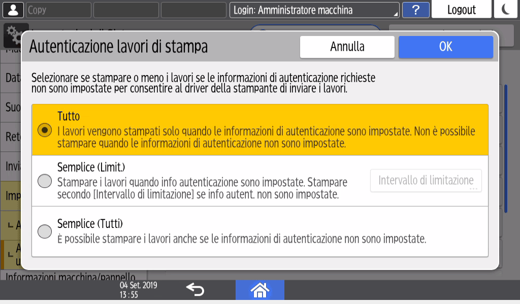 Illustrazione della schermata sul pannello di controllo