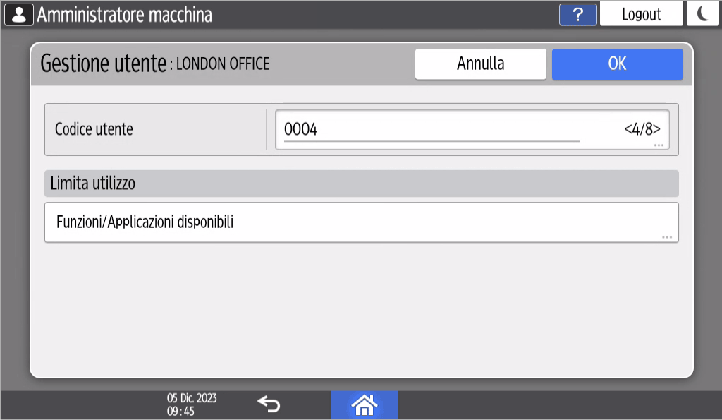 Illustrazione della schermata sul pannello di controllo