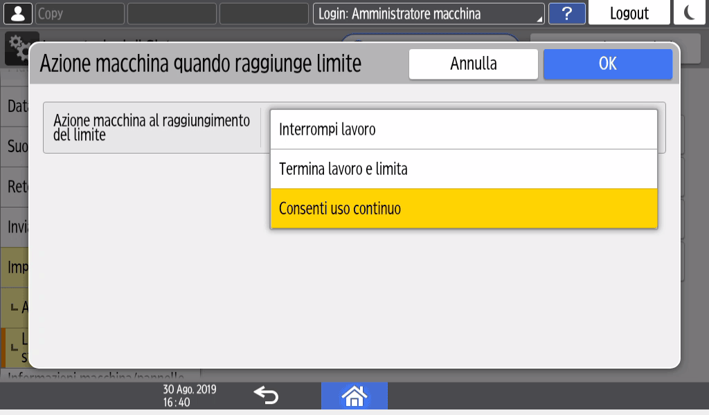 Illustrazione della schermata sul pannello di controllo