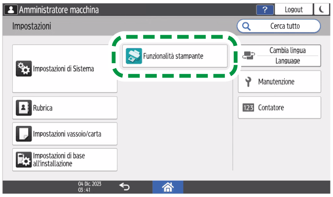 Illustrazione della schermata sul pannello di controllo
