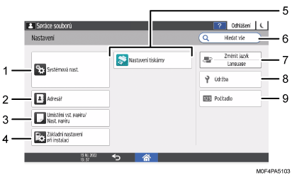 Číslovaná ilustrace ovládacího panelu zařízení