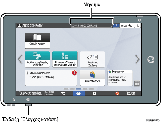 Απεικόνιση της οθόνης του πίνακα χειρισμού με αριθμημένες επεξηγήσεις