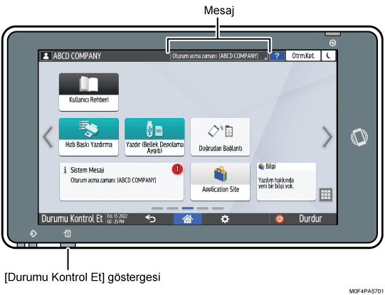 İşletim paneli ekran gösterimi numaralandırılmış açıklamalı görsel