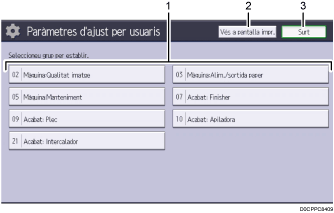 Il·lustració explicativa i numerada de la pantalla del panell d'operacions.