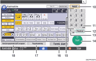 Nummereret illustration af skærmbilledet på betjeningspanelet