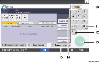 Nummereret illustration af skærmbilledet på betjeningspanelet