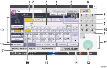 Nummereret illustration af skærmbilledet på betjeningspanelet