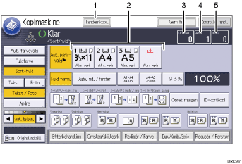 Nummereret illustration af skærmbilledet på betjeningspanelet