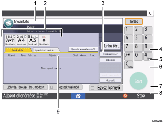 Kezelőpanel képernyőjének számozott jelölésű illusztrálása
