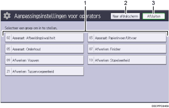 Genummerde afbeelding van het scherm van het bedieningspaneel