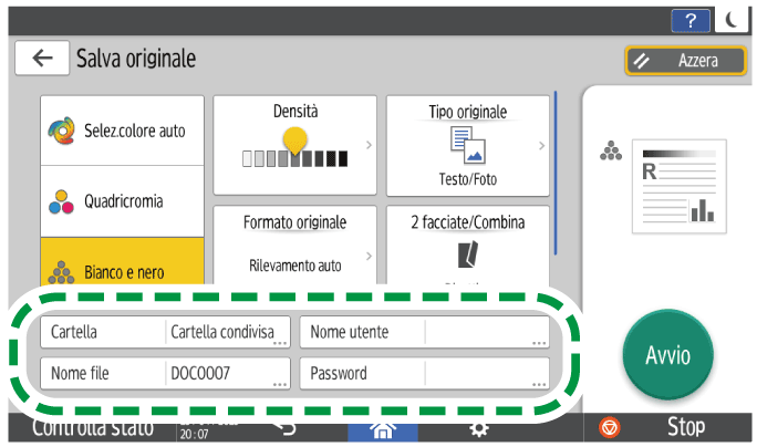 Illustrazione della schermata sul pannello operativo